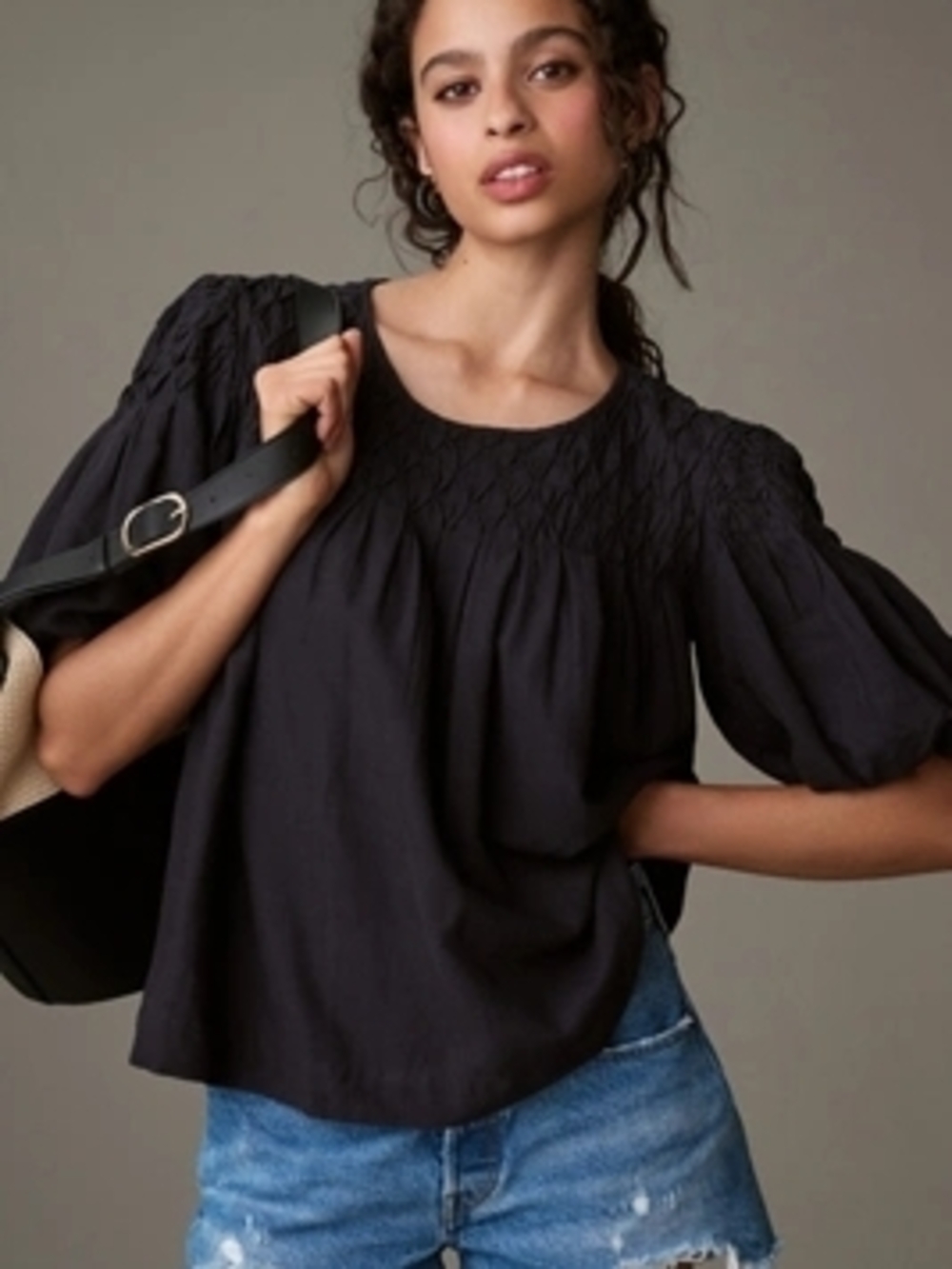 Anthropologie Liza Puffed Sleeve Black Smocked Yoke Blouse Large
